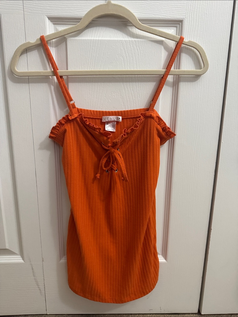 VENUS Orange & White Ribbed Lace-Up Cami Tops (2), Women’s Size Medium